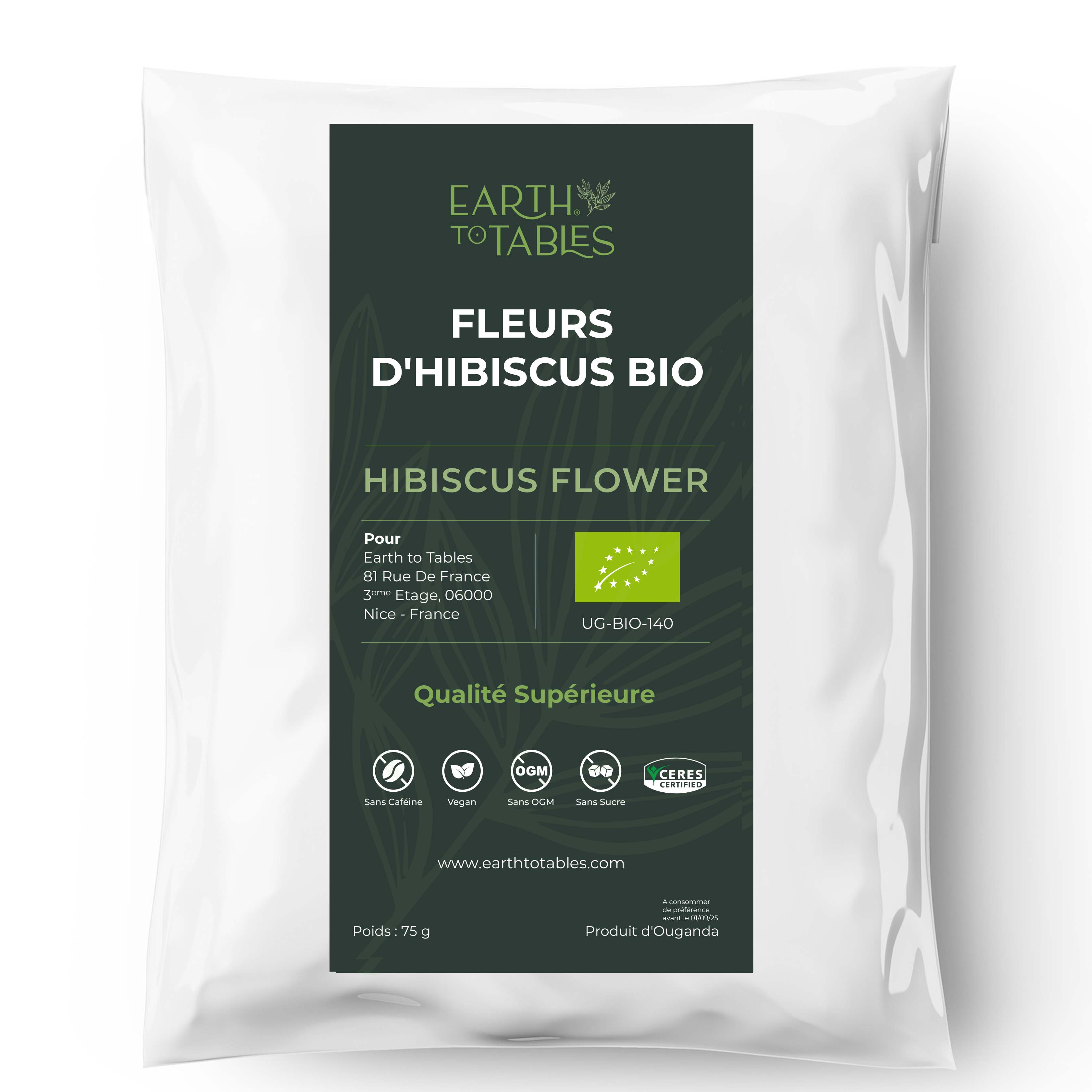 Earth to Tables white resealable bag for Organic Dried Hibiscus Flowers-75g, Superior quality, GMO Free, Caffeine Free, Sugar Free, Vegan