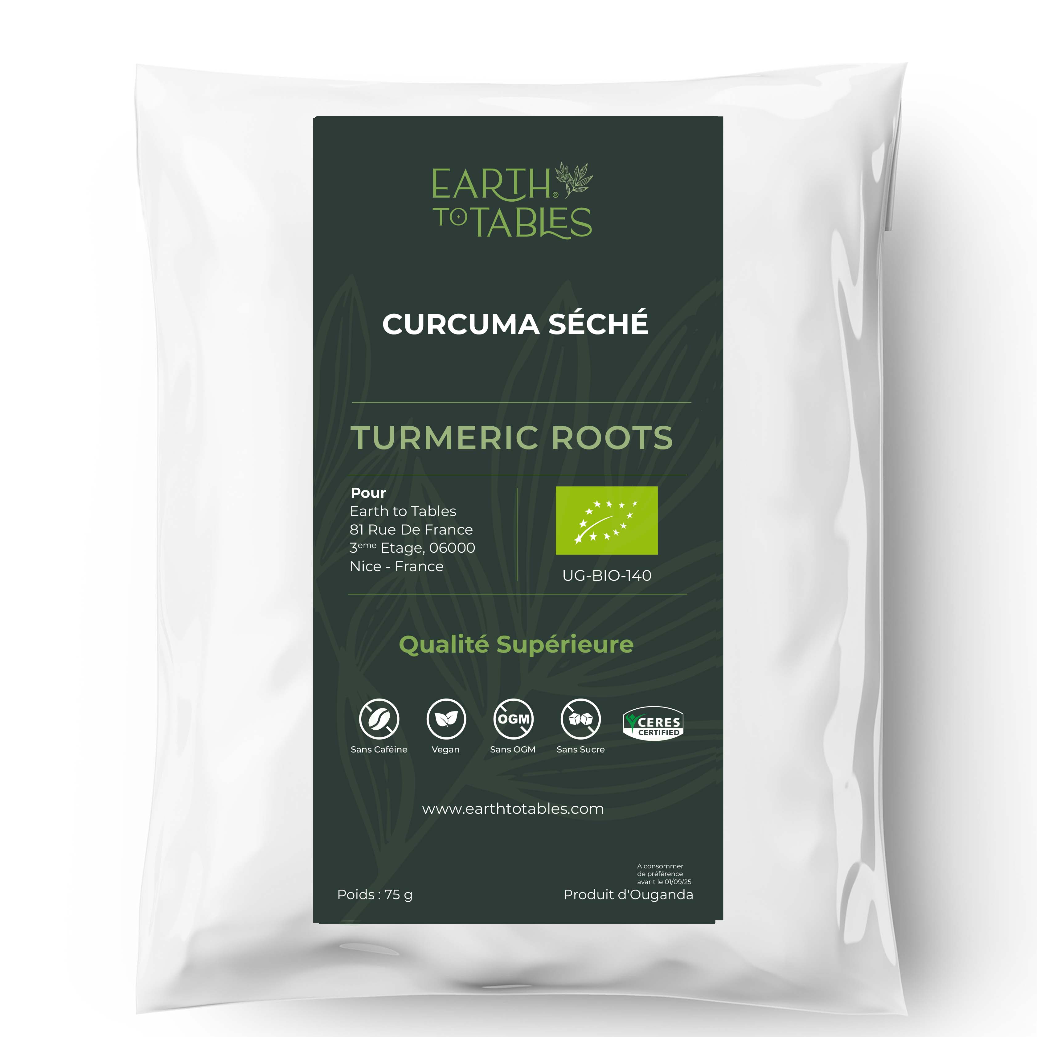 Earth to Tables white packaged Dried Organic Turmeric roots in a white-resealable bag , Curcuma Longa Cuts weighing 75g and Organic Certified for traditional medicine and culinary practices.